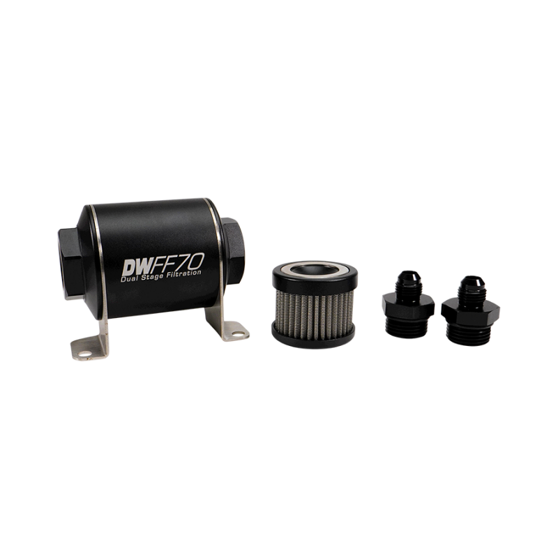DeatschWerks Stainless Steel 6AN 100 Micron Universal Inline Fuel Filter Housing Kit (70mm) - 8-03-070-100K-6