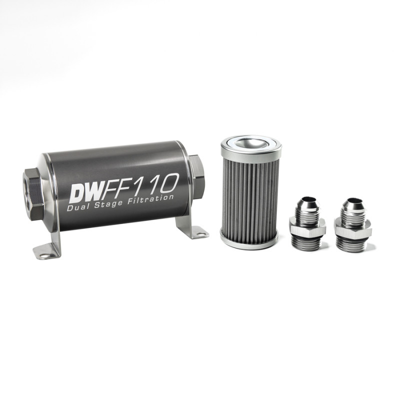 DeatschWerks Stainless Steel 8AN 40 Micron Universal Inline Fuel Filter Housing Kit (110mm) - 8-03-110-040K-8