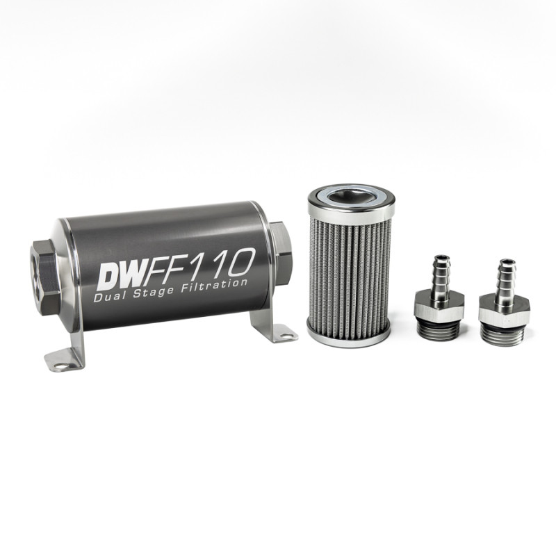 DeatschWerks Stainless Steel 5/16in 100 Micron Universal Inline Fuel Filter Housing Kit (110mm) - 8-03-110-100K-516