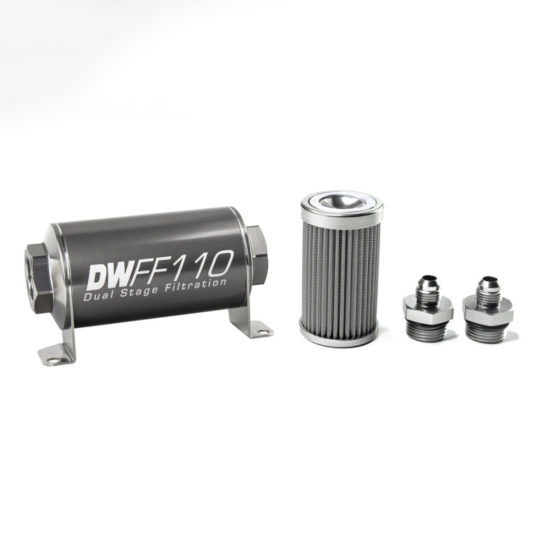 DeatschWerks Stainless Steel 6AN 100 Micron Universal Inline Fuel Filter Housing Kit (110mm) - 8-03-110-100K-6