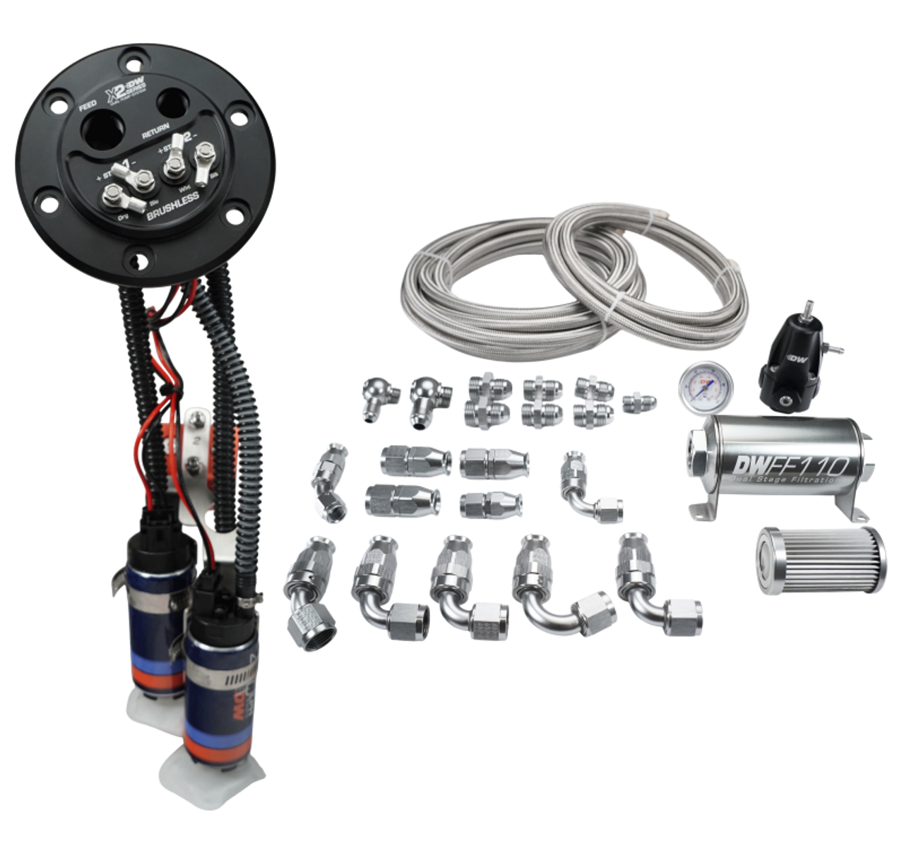 Deatschwerks X2 Series Fuel Pump Hanger w/ Dual DW420 Pumps/PTFE Plumbing kit for 92-00 Honda Civic - 9-421-625-7043