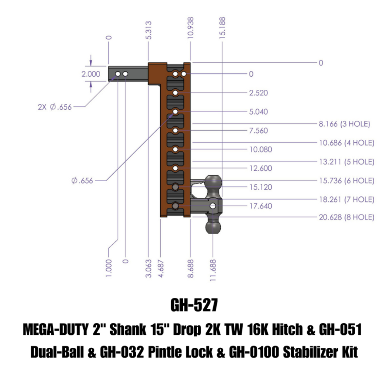 Gen-Y Mega Duty 2in Shank 15in Drop 16K Hitch w/Dual-Ball/Pintle Lock/Stabilizer Kit - GH-527