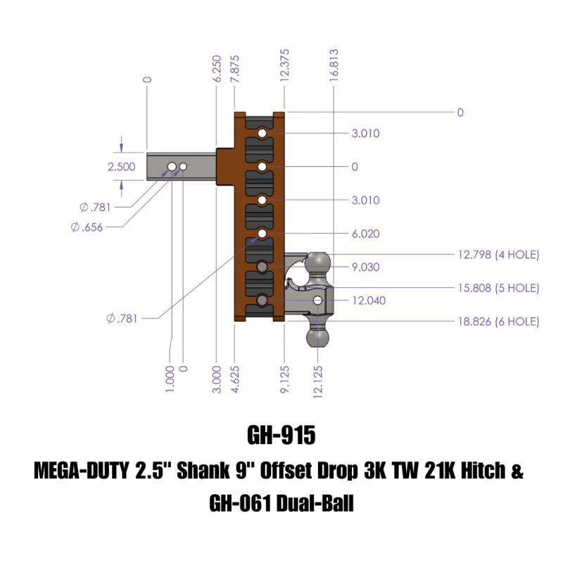 Gen-Y Mega Duty 2.5in Shank 9in Offset Drop 3K TW 21K Hitch w/GH-061 Dual-Ball - GH-915