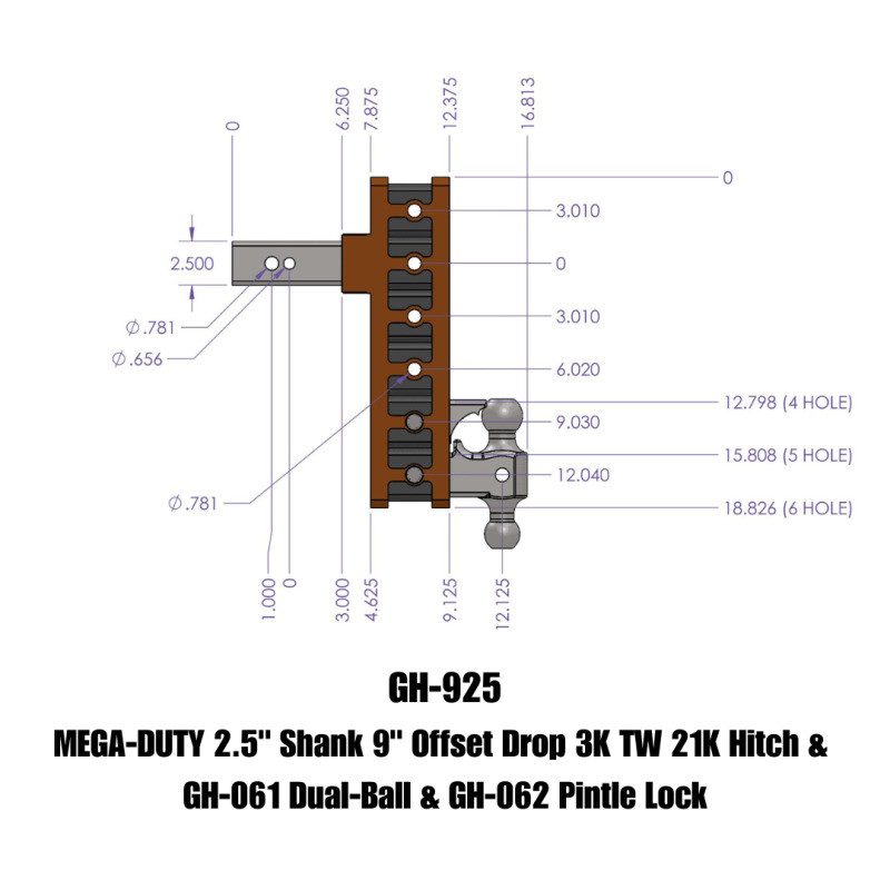 Gen-Y Mega Duty 2.5in Shank 9in Offset Drop 21K Hitch w/GH-061 Dual-Ball/GH-062 Pintle Lock - GH-925