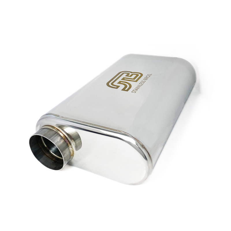 Stainless Bros 17in Overall Length 3in Thin Oval SS304 Muffler - 3in Offset In/Offset Out - 616-07623-0230