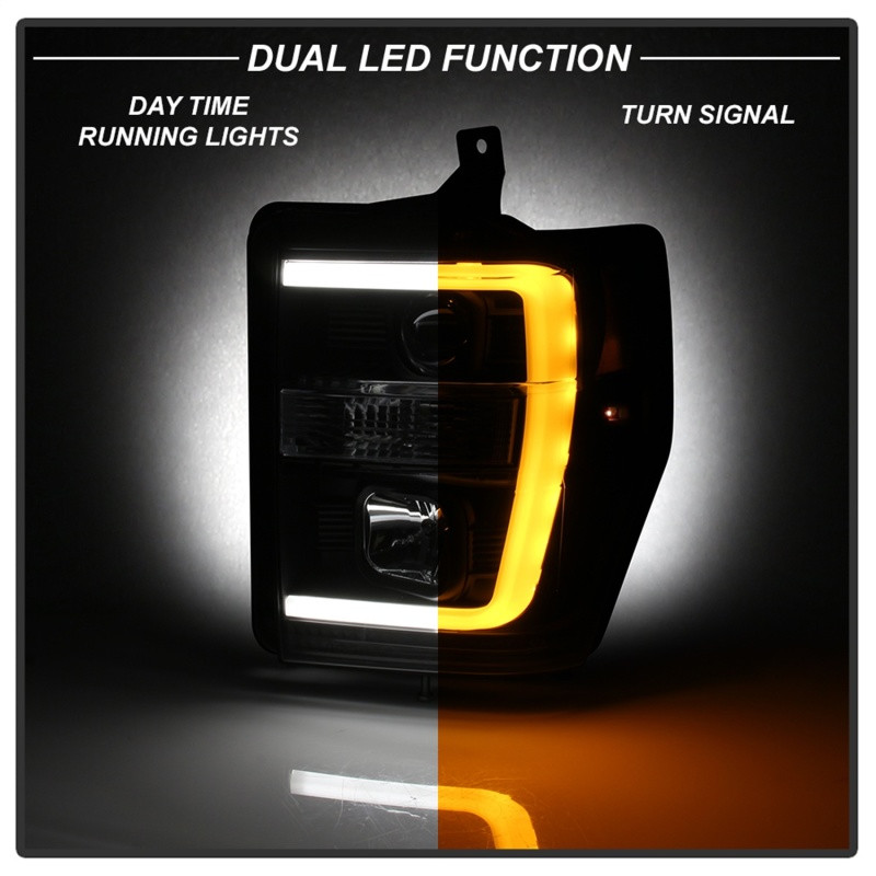 Spyder 08-10 Ford F-250 SD Projector Headlights V2-Switch Back Light Bar-Black PRO-YD-FS08V2-SBLB-BK - 5086228