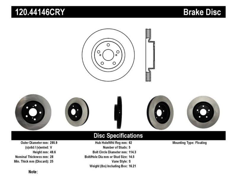Stoptech 07 Lexus ES350 / 09 Pontiac Vibe / 09 Toyota Matrix Front CRYO-STOP Brake Rotor - 120.44146CRY