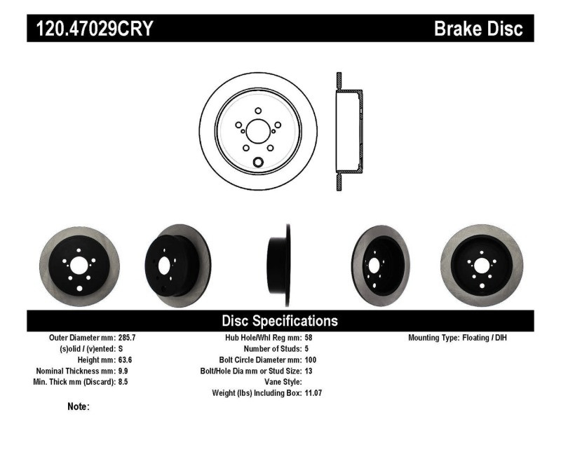 Stoptech 09-10 Subaru Forester / 08-10 Impreza/WRX Rear CRYO-STOP Rotor - 120.47029CRY