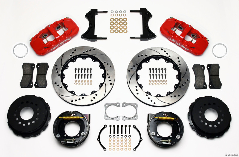 Wilwood AERO4 Rear P-Brake Kit 14.00in Drilled Red Chevy 12 Bolt-Spec 3.15in Brng - 140-10945-DR