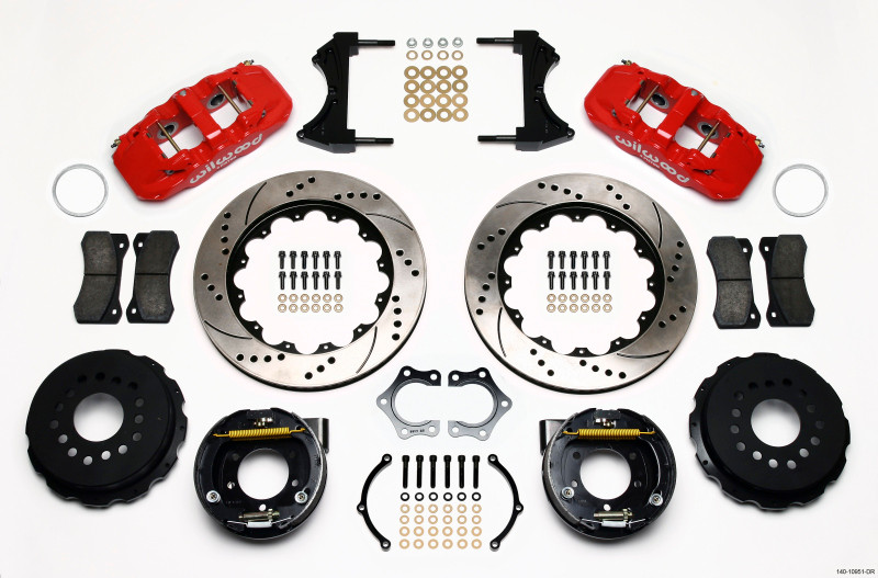 Wilwood AERO4 Rear P-Brake Kit 14.00in Drill Red Mopar/Dana 2.36in Off w/Snap Ring Brng - 140-10951-DR