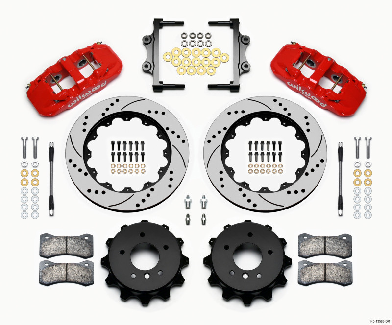 Wilwood AERO4 Rear Kit 14.00 Drilled Red 2007-2011 BMW E90 Series w/Lines - 140-13583-DR