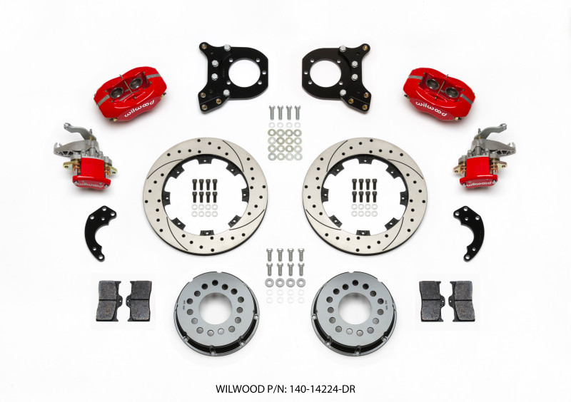 Wilwood Forged Dynalite P/S Rear Kit w/MC4 P-Brake Drill Red Chev 12 Bolt w/Clip Eliminator - 140-14224-DR