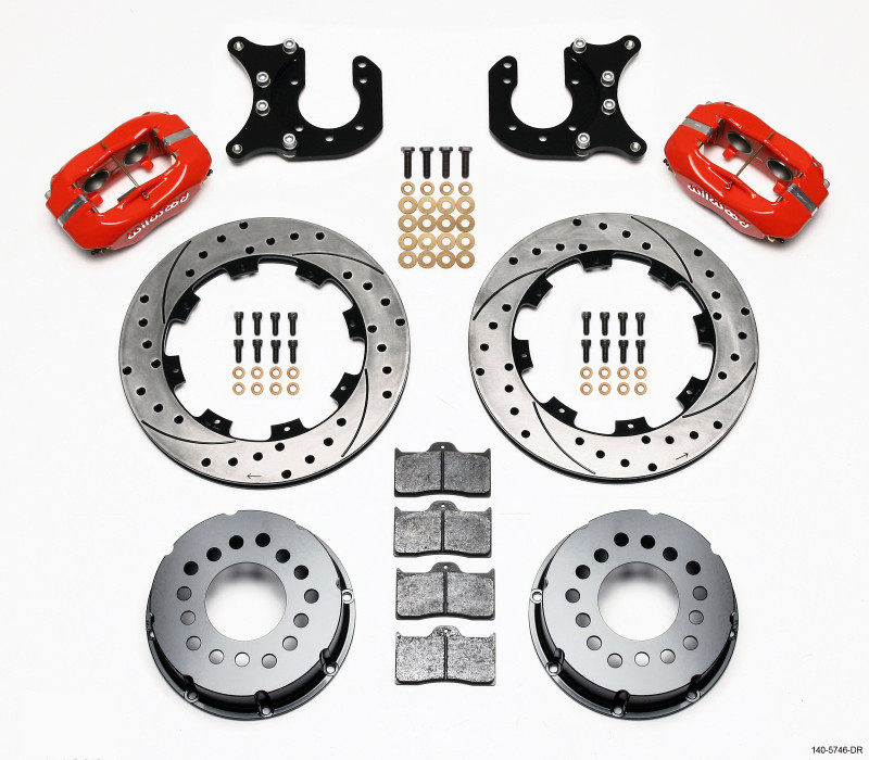 Wilwood Forged Dynalite P/S Rear Kit Drilled Red Chevy 12 Bolt-Spec 3.15in Brng - 140-5746-DR