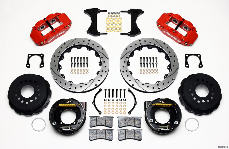 Wilwood Narrow Superlite 4R Rear P-Brk Kit 12.88in Drilled Red Chevy 12 Bolt-Spec 3.15in Brng - 140-9215-DR