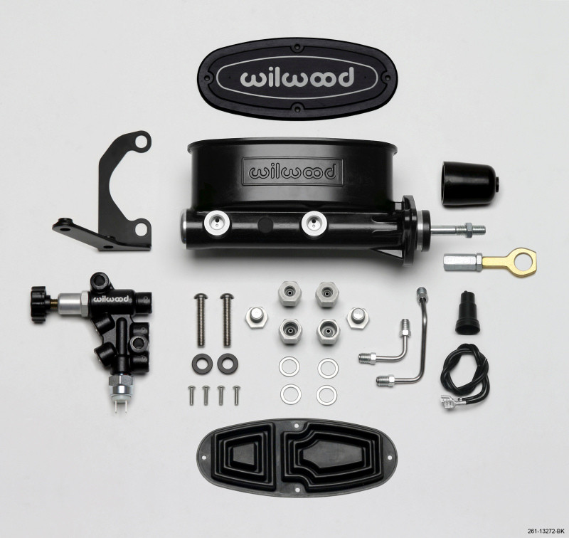 Wilwood HV Tandem M/C Kit w L/H Bracket & Prop Valve - 7/8in Bore Black-W/Push. - Early Mustang - 261-13272-BK