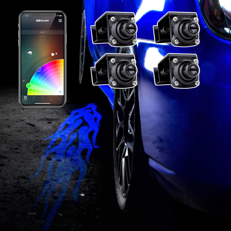 XK Glow Curb FX Bluetooth XKchrome App Waterproof LED Projector Welcome Light Flame Style 4pc - XK-CFX-ADV-FLAME