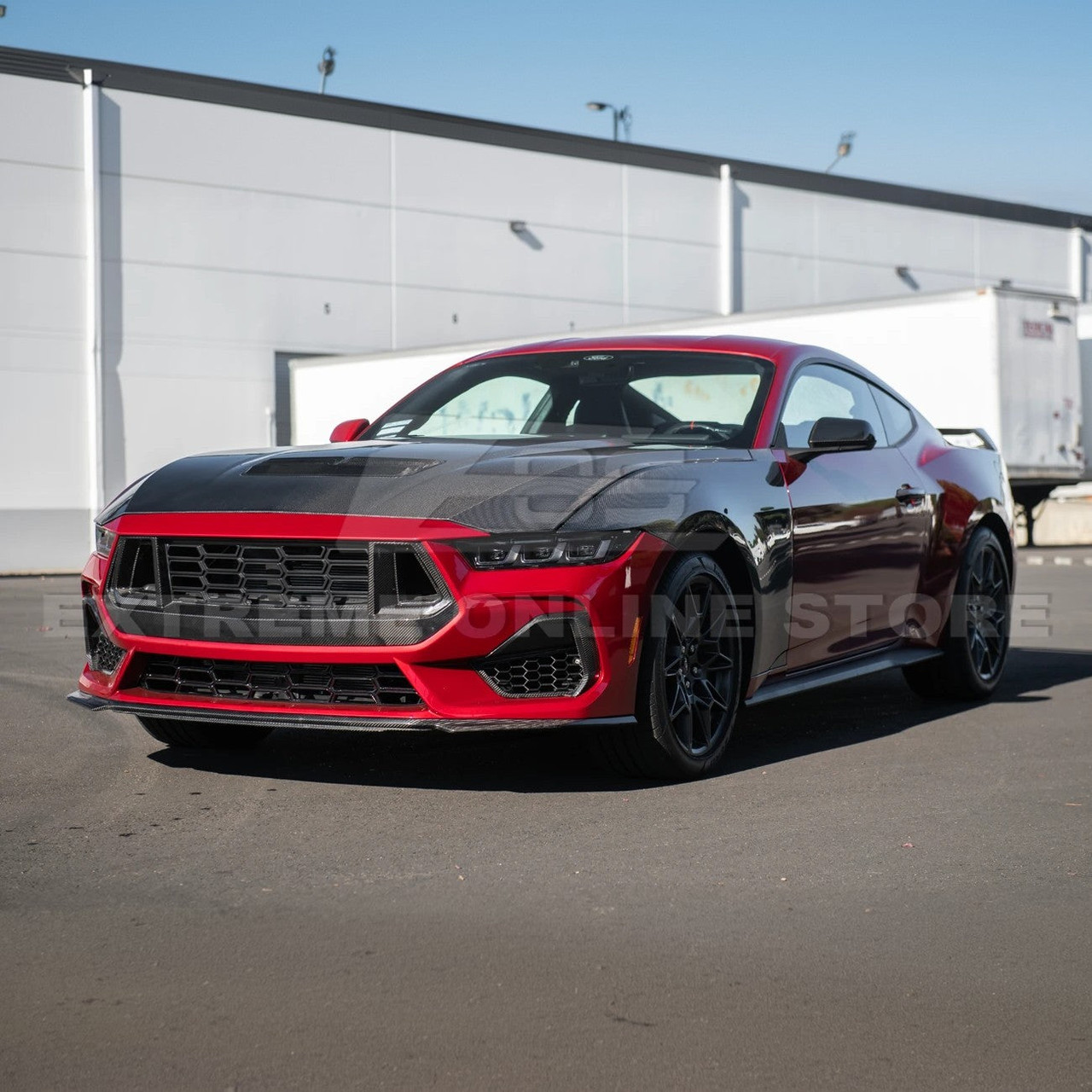 EOS Carbon Fiber Hood OE Style w Version 1 Vent - 2024+ Ford Mustang (HOOD-785-BKCF_VENT-736-BKCF)