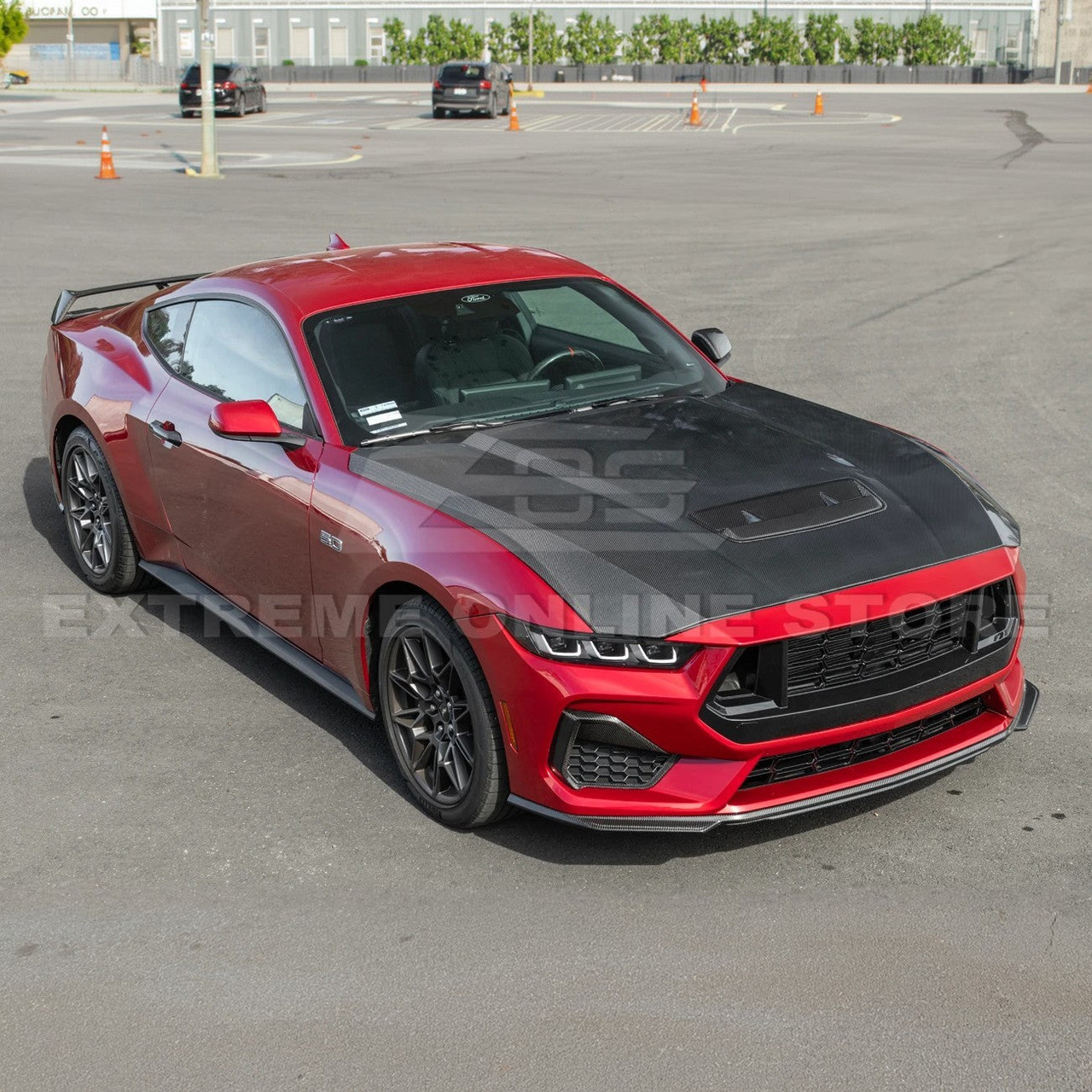 EOS Carbon Fiber Hood OE Style w Version 2 Vent - 2024+ Ford Mustang (HOOD-785-BKCF_VENT-1012-BKCF)