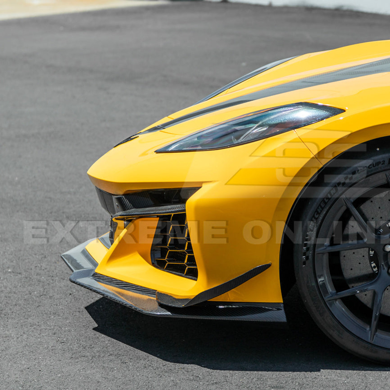 EOS Carbon Fiber Front Splitter & Candards Extended Z07 Style - 23+ C8 Corvette Z06 (FLIP-1176-BKCF_SPLITTER-528-BKCF)