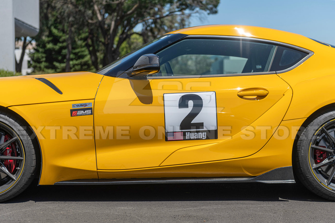 EOS Carbon Fiber A91 Front Splitter & Side Skirts - 2020+ Toyota Supra (FLIP-1020-BKCF_SS-542-BKCF)