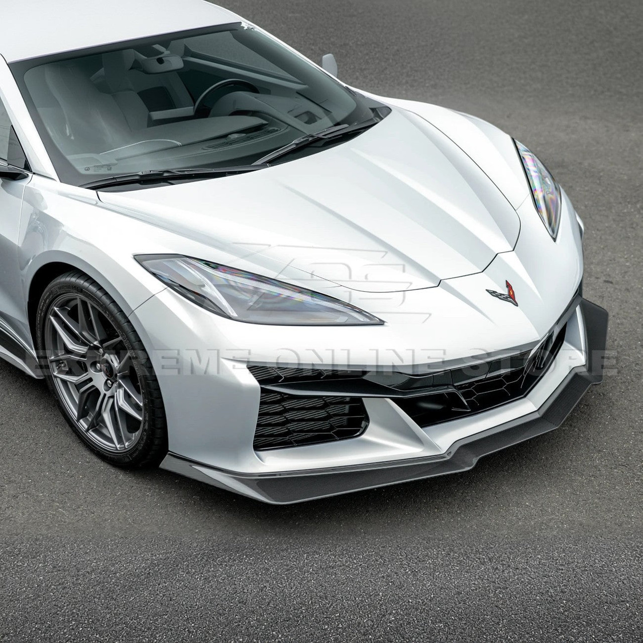 EOS Z07 Style Extended Front Splitter 1 Piece - Carbon Fiber - C8 Corvette Z06 (FLIP-1177-BKCF)