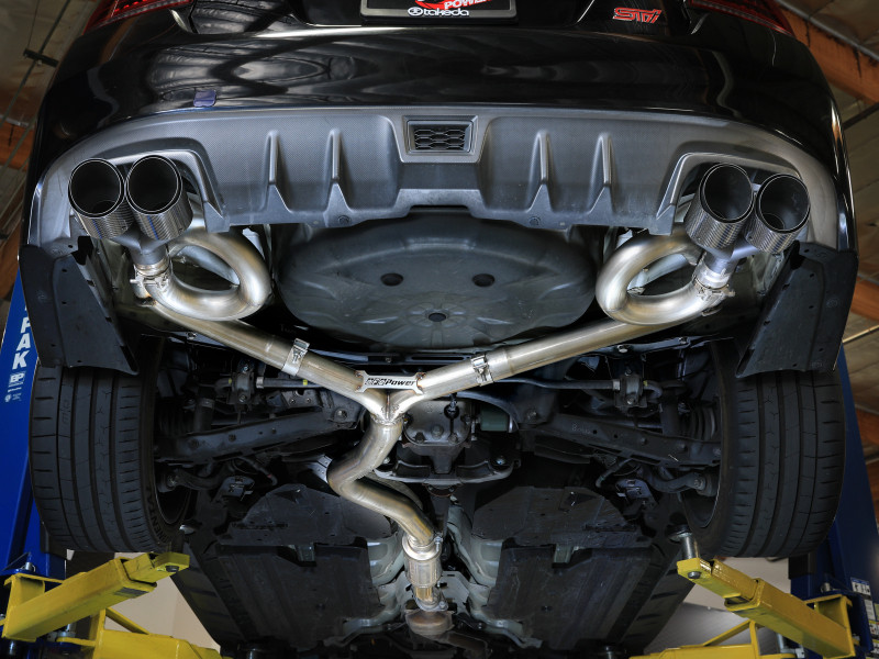 aFe Subaru WRX/STi 15-21 H4-2.0/2.5L Takeda 3in to 2-1/2in Stainless Cat-Back Exhaust Crbn Fiber Tip - 49-36810-C Photo - Mounted