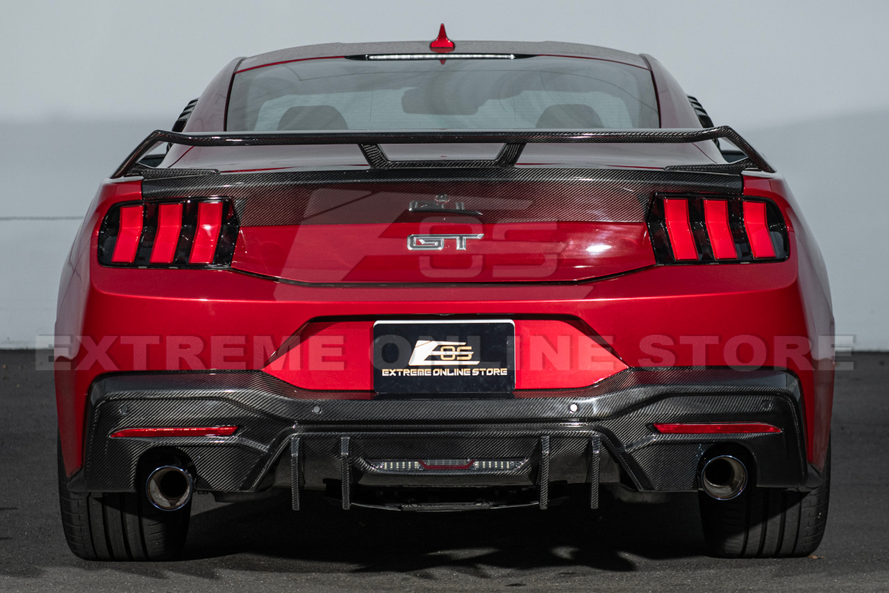 EOS Rear Bumper Diffuser for Dual Tips Finned Style - Carbon Fiber - 2024+ Mustang (DIFF-1038-BKCF-DUAL)