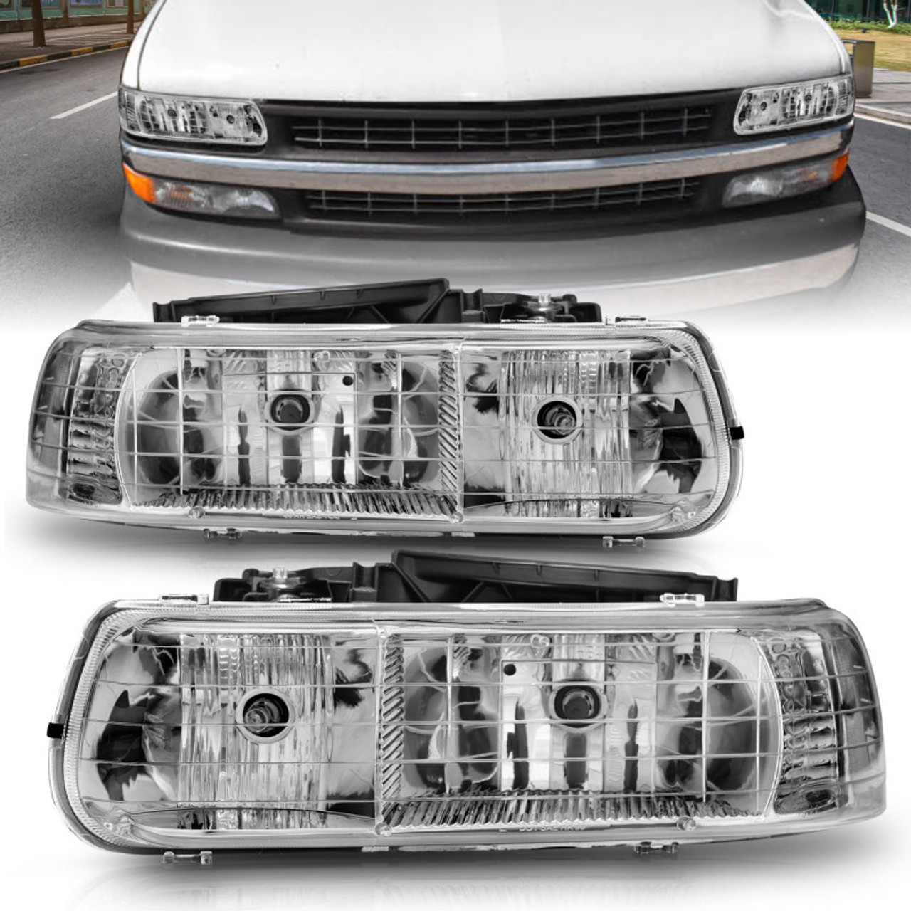 ANZO 1999-2002 Chevrolet Silverado 1500 Crystal Headlights Chrome - 111011