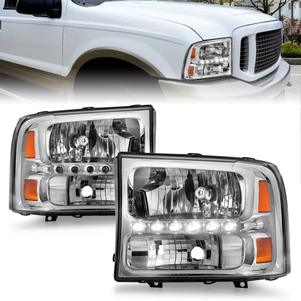 ANZO 2000-2004 Ford Excursion Crystal Headlights Chrome w/ LED 1pc - 111088
