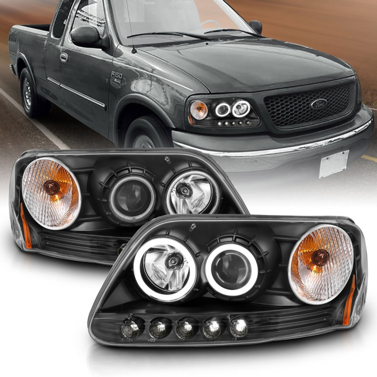 ANZO 1997-2003 Ford F-150 Projector Headlights w/ Halo Black (CCFL) - 111097