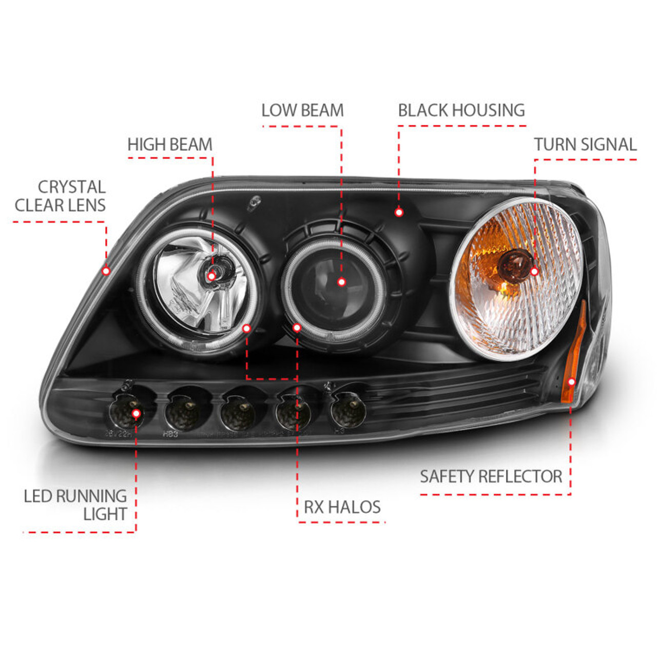 ANZO 1997-2003 Ford F-150 Projector Headlights w/ Halo Black (CCFL) - 111097
