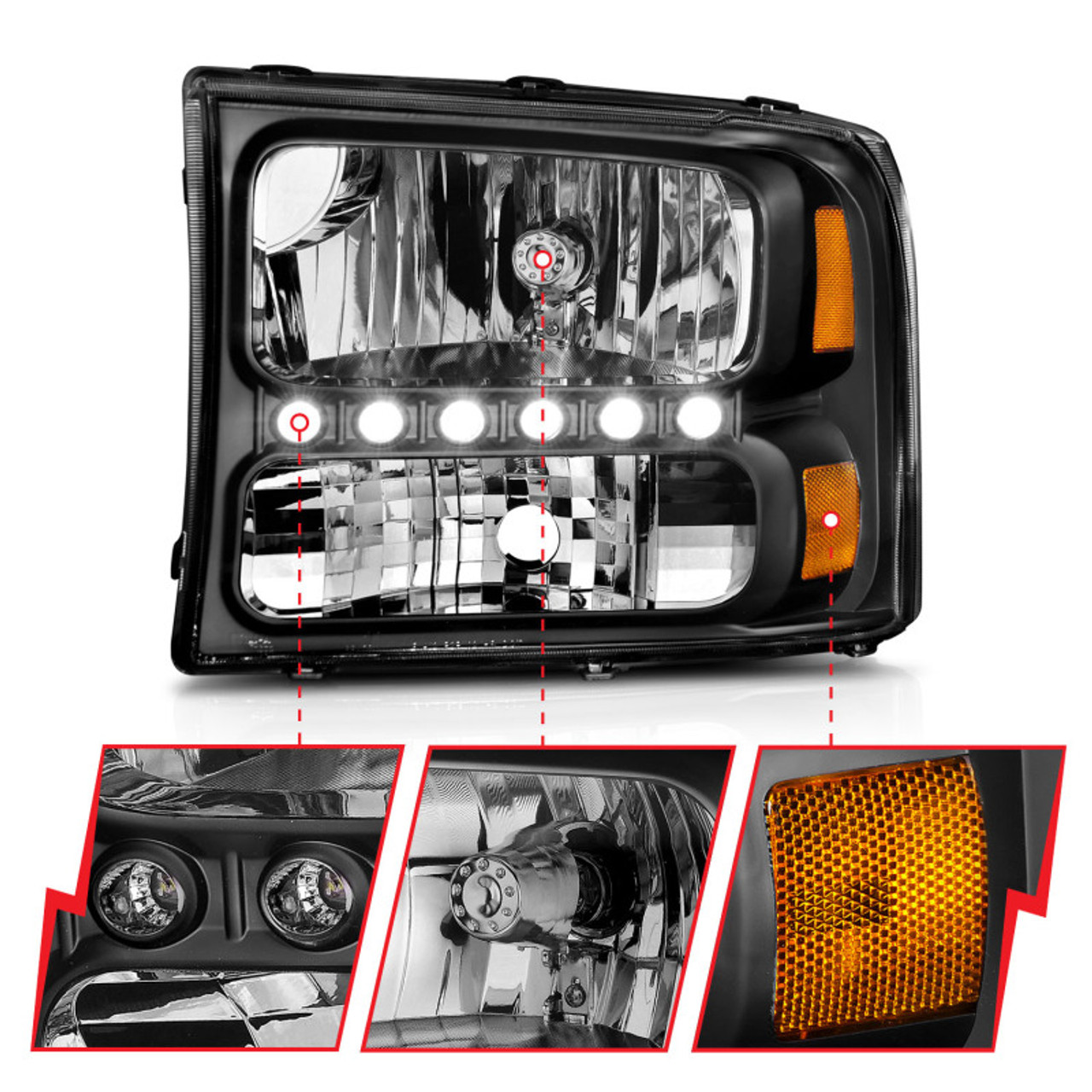 ANZO 2000-2004 Ford Excursion Crystal Headlights Black w/ LED 1pc - 111106