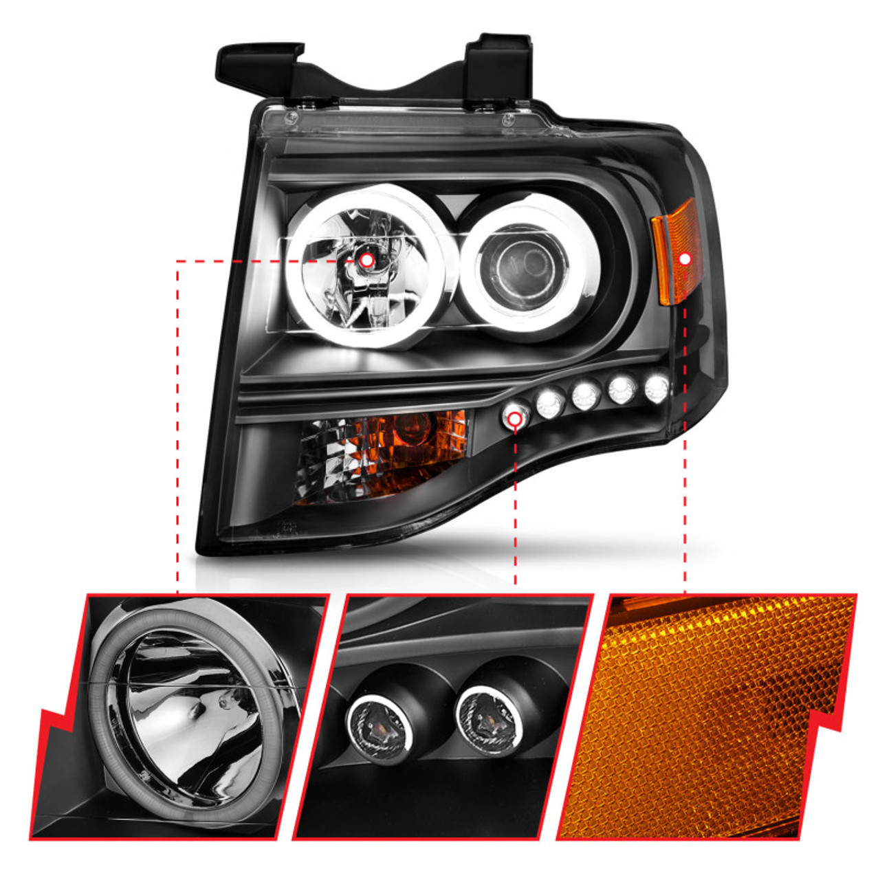 ANZO 2007-2014 Ford Expedition Projector Headlights w/ Halo Black - 111113