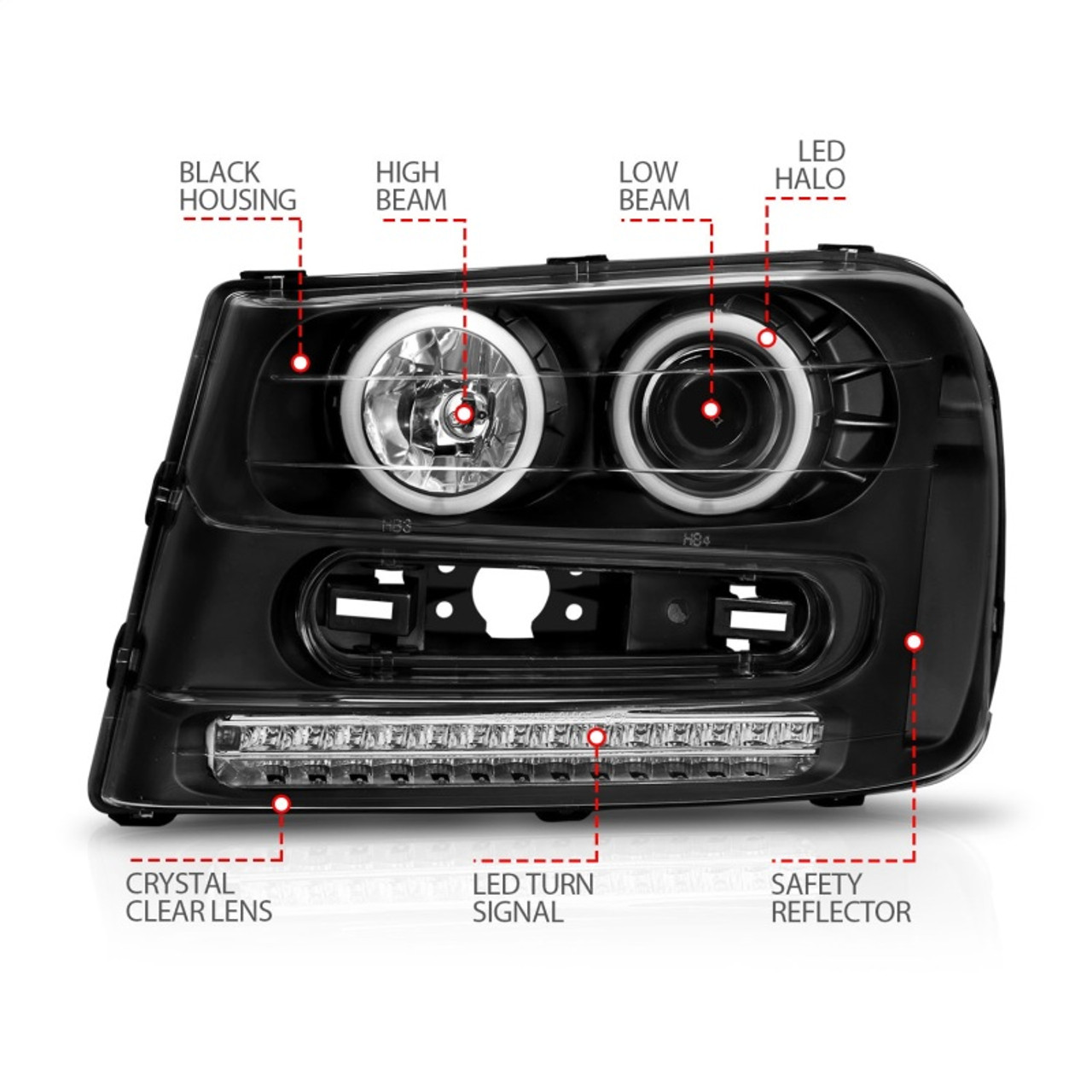 ANZO 2002-2009 Chevrolet Trailblazer Projector Headlights w/ Halo Black - 111127