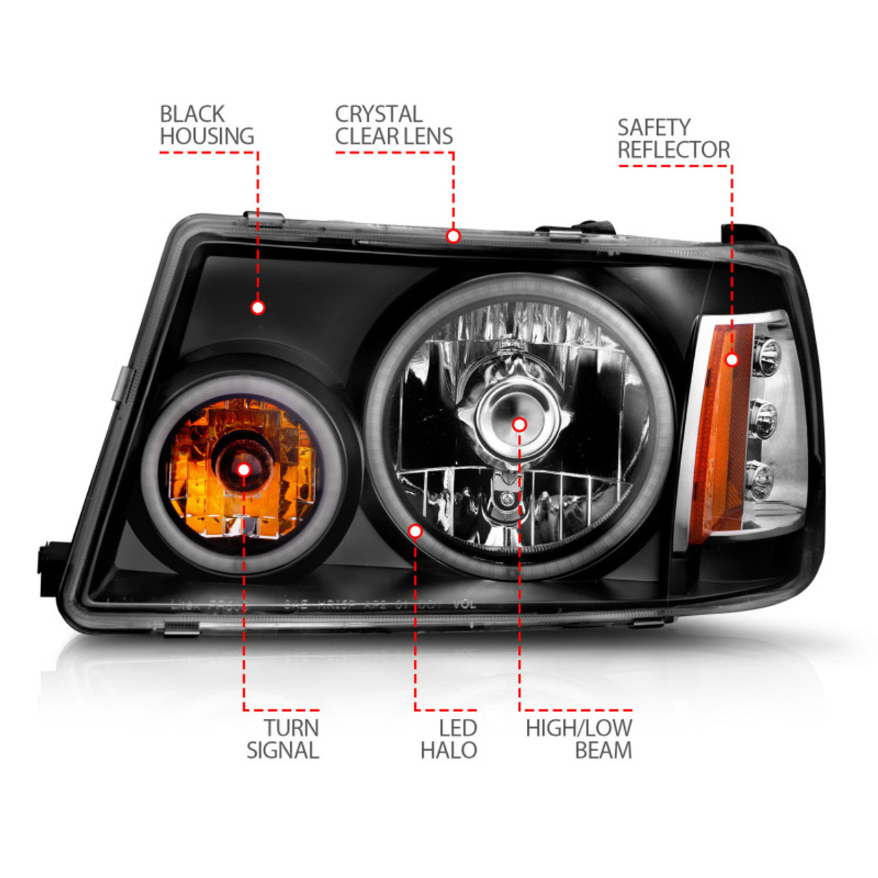 ANZO 2001-2011 Ford Ranger Projector Headlights w/ Halo Black (CCFL) 1 pc - 111152