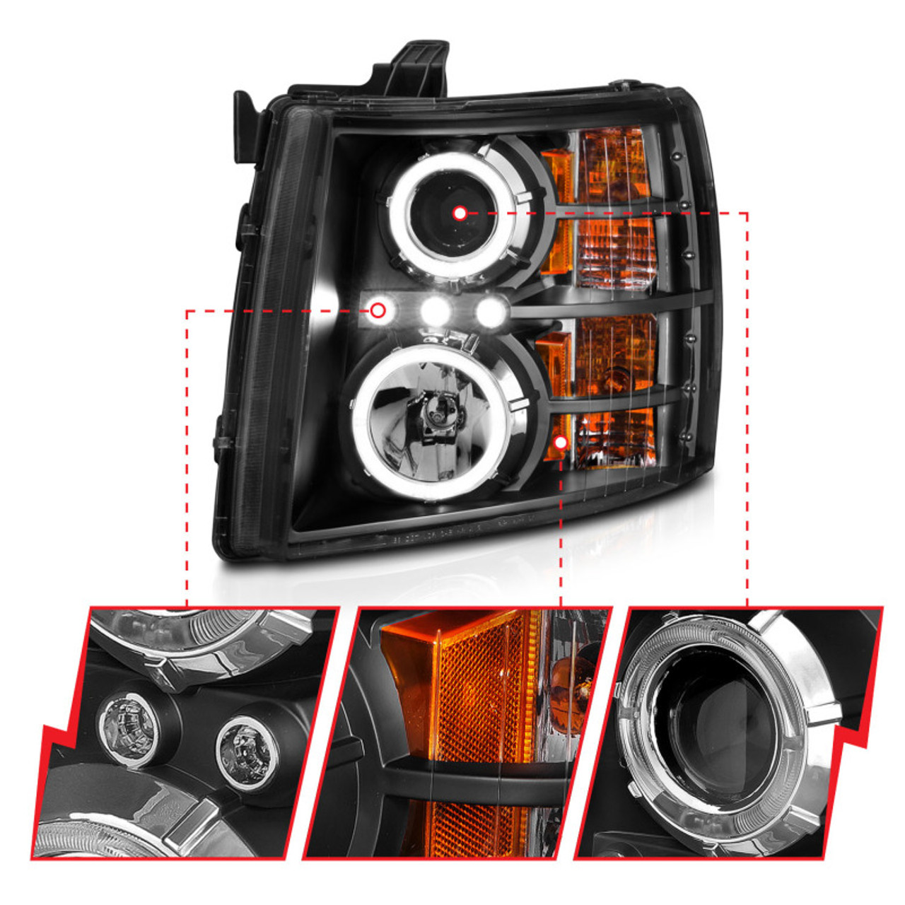 ANZO 2007-2013 Chevrolet Silverado 1500 Projector Headlights w/ Halo Black - 111200