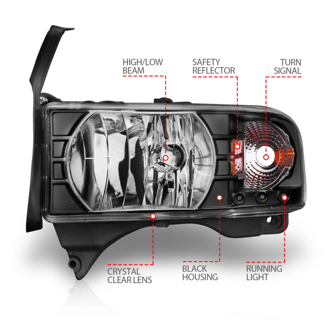 ANZO 1994-2001 Dodge Ram Crystal Headlights Black w/ LED - 111205