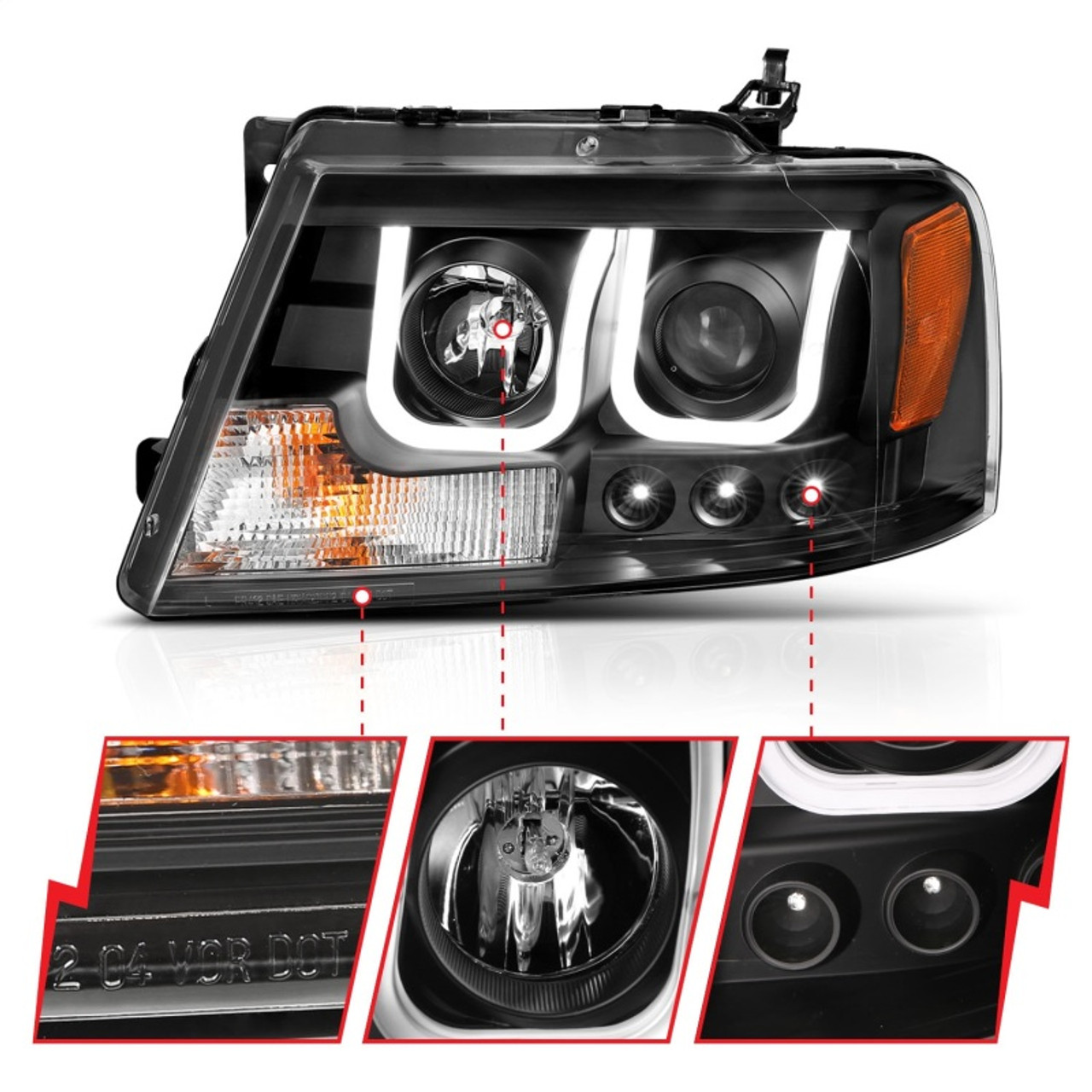 ANZO 2004-2008 Ford F-150 Projector Headlights w/ U-Bar Black - 111288