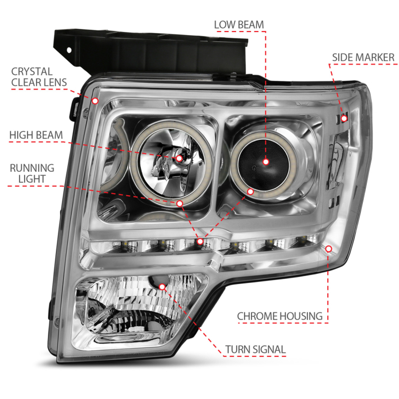 ANZO 2009-2014 Ford F-150 Projector Headlights w/ Halo Chrome (CCFL) G2 - 111297