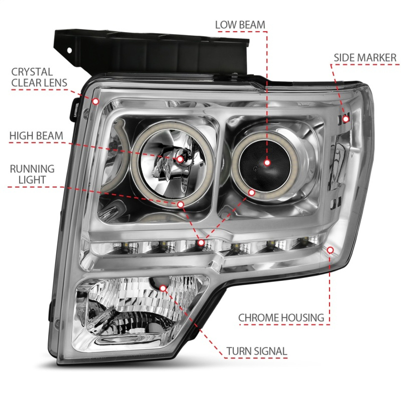 ANZO 2009-2014 Ford F-150 Projector Headlights w/ Halo Chrome (CCFL) G2 - 111297