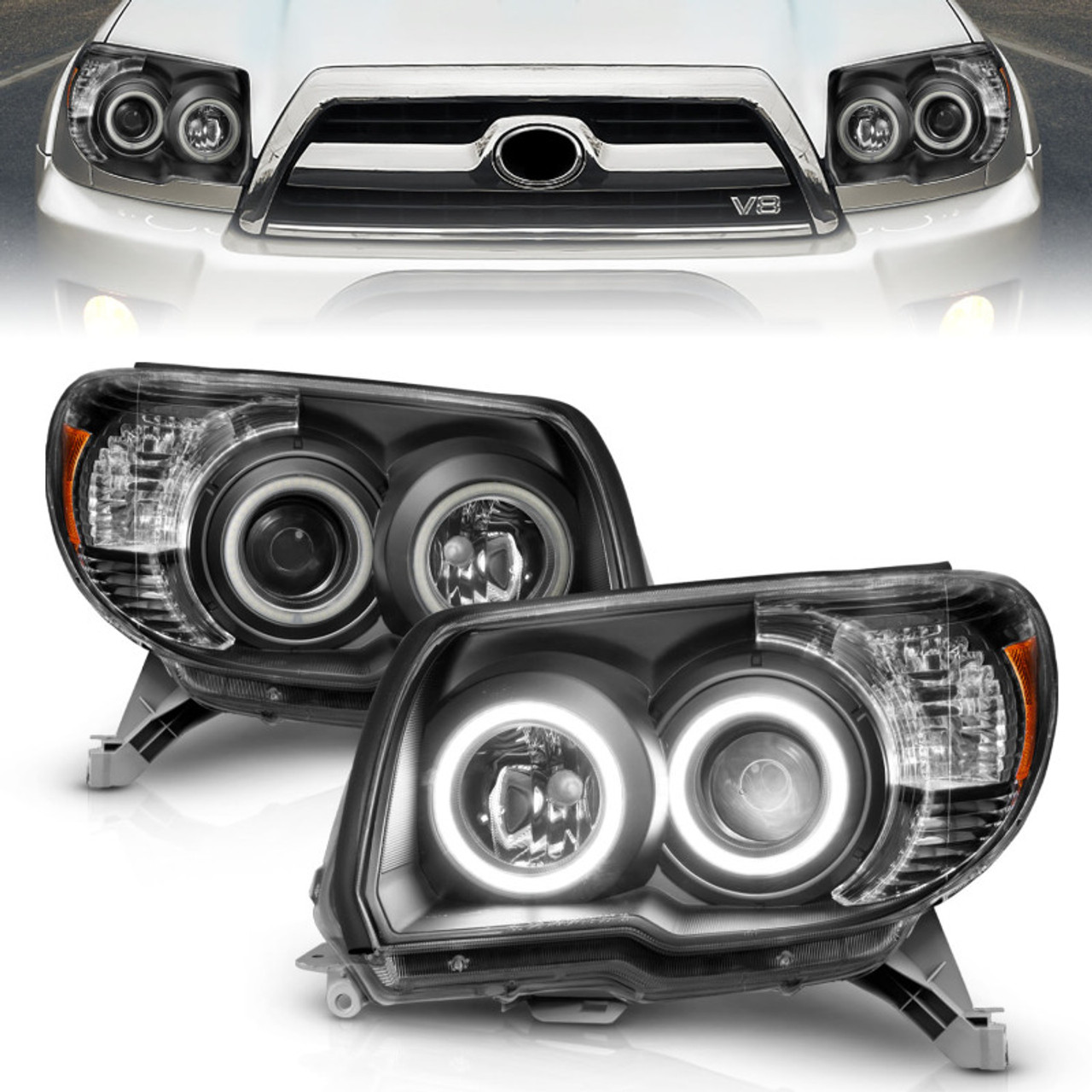 ANZO 2006-2009 Toyota 4Runner Projector Headlights w/ Halo Black - 111320