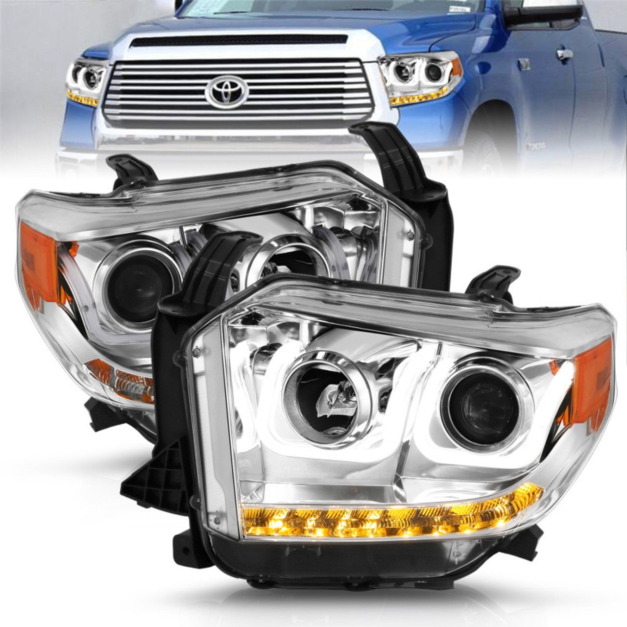ANZO 2014-2015 Toyota Tundra Projector Headlights w/ U-Bar Chrome w/ DRL - 111327