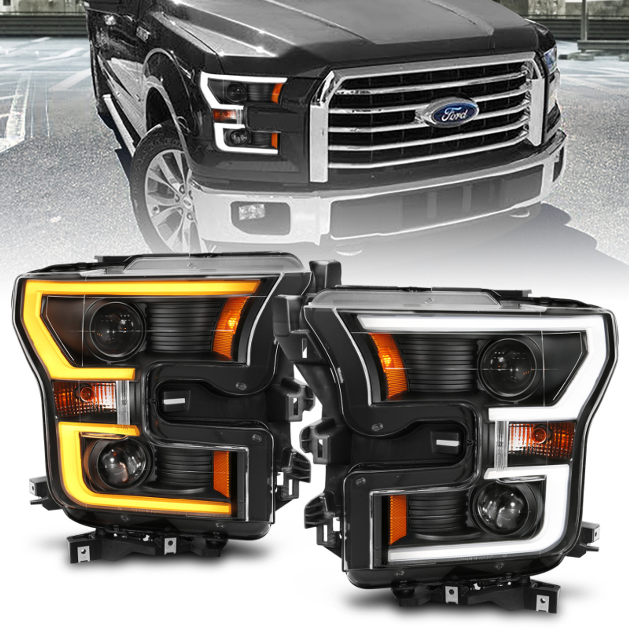 ANZO 2015-2017 Ford F-150 Projector Headlights w/ Plank Style Switchback Black w/ Amber - 111357