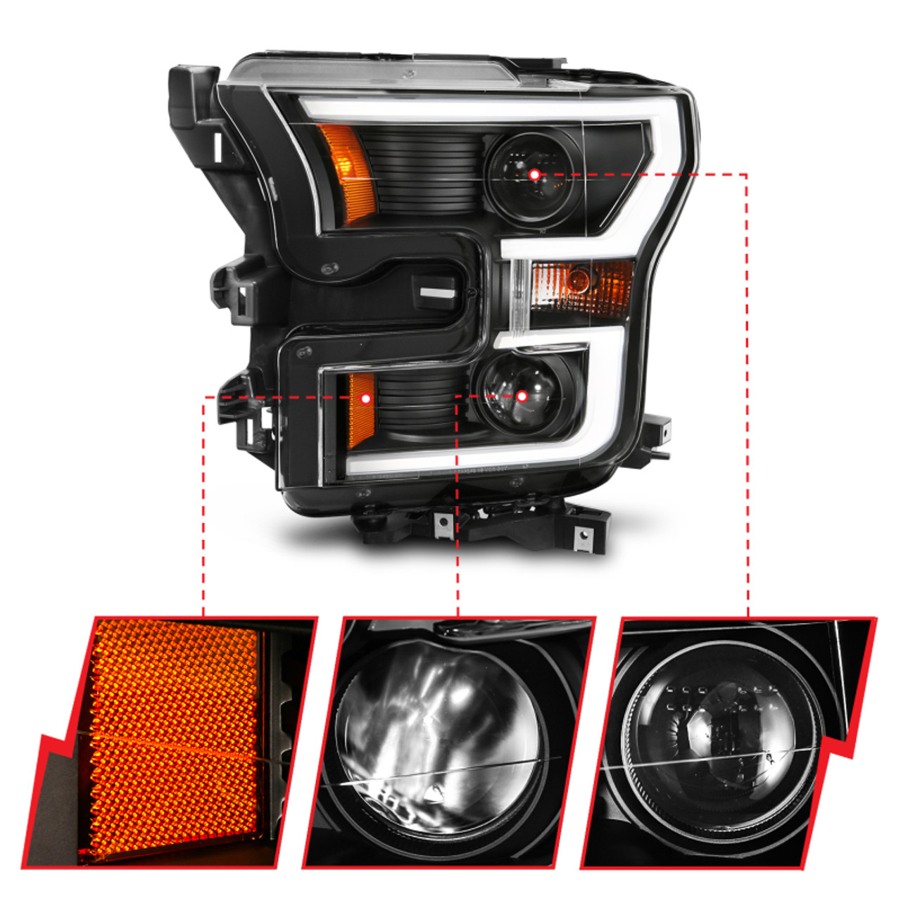 ANZO 2015-2017 Ford F-150 Projector Headlights w/ Plank Style Switchback Black w/ Amber - 111357