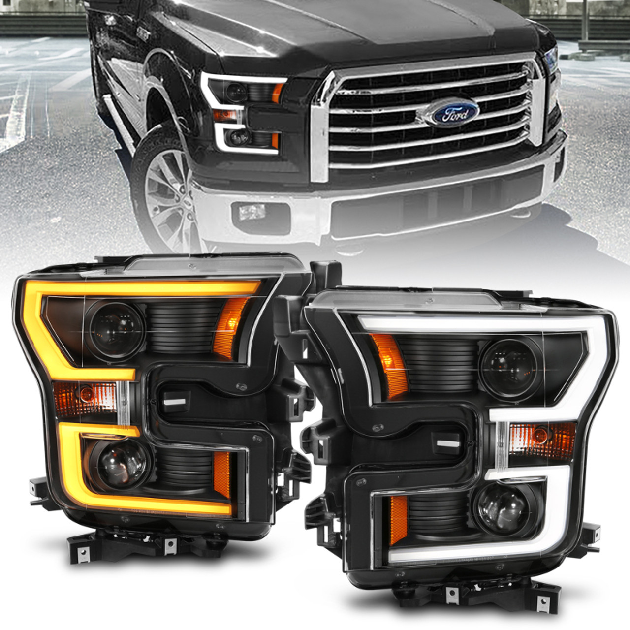 ANZO 2015-2017 Ford F-150 Projector Headlights w/ Plank Style Switchback Black w/ Amber - 111357