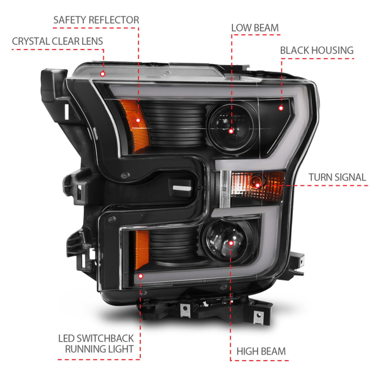 ANZO 2015-2017 Ford F-150 Projector Headlights w/ Plank Style Switchback Black w/ Amber - 111357