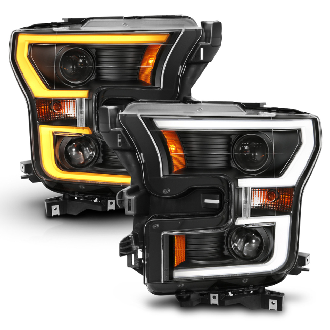 ANZO 2015-2017 Ford F-150 Projector Headlights w/ Plank Style Switchback Black w/ Amber - 111357
