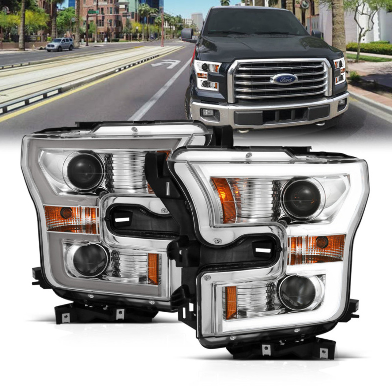 ANZO 2015-2017 Ford F-150 Projector Headlights w/ Plank Style Switchback Chrome w/ Amber - 111358