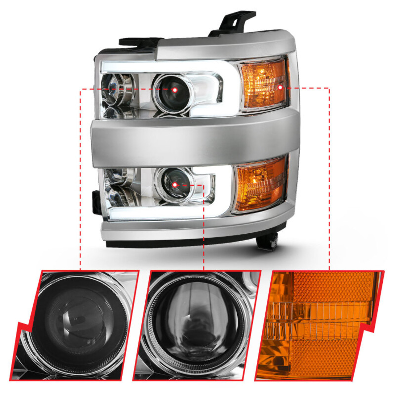 ANZO 2015-2016 Chevrolet Silverado Projector Headlights w/ Plank Style Design Chrome w/ Amber - 111360
