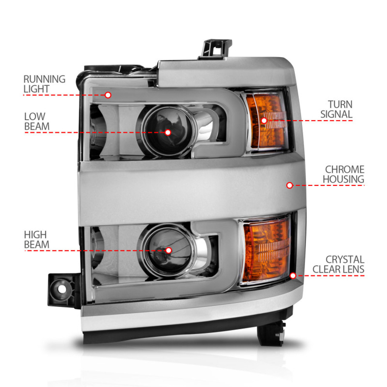 ANZO Projector Headlights 15-17 Chevrolet Silverado 2500HD / 3500HD Chrome w/ Chrome Rim - 111366